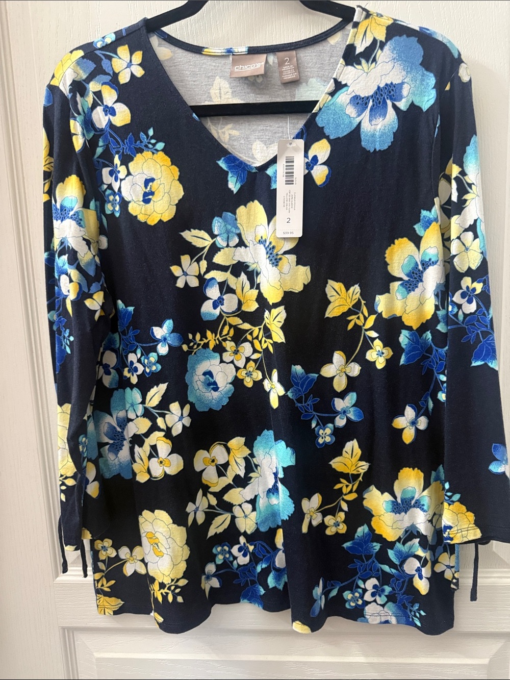 Chico's Navy Floral V-Neck Long Sleeve Top - Blue & Yellow